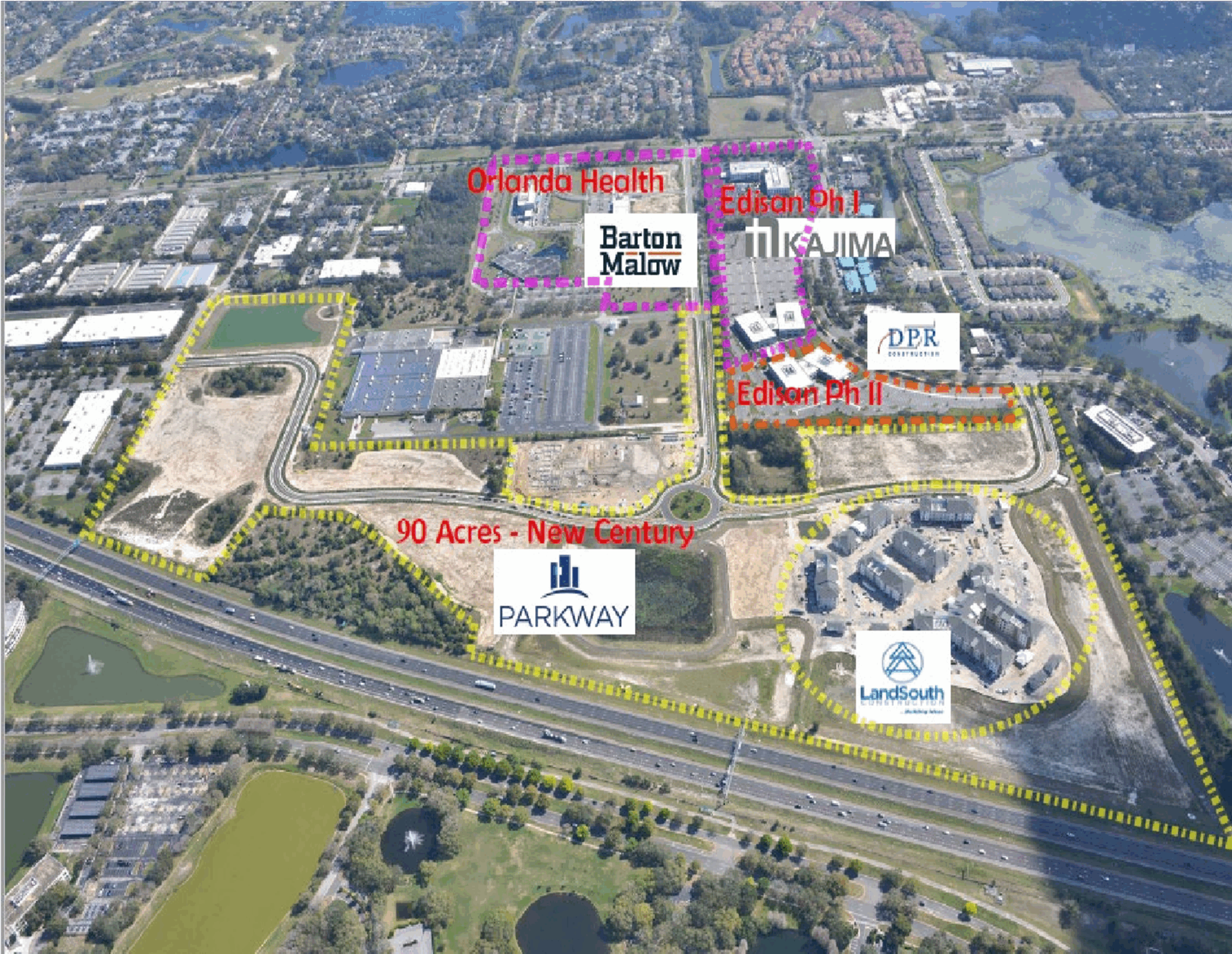 Modern commercial and medical development site plan in Orlando featuring new Century Parkway, Gordon Malow, and healthcare facilities like Orlando Health and Edison Phases.
