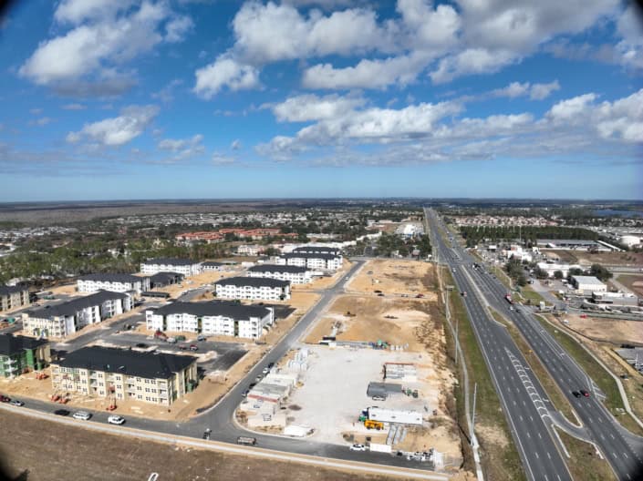 Newly developed residential buildings and infrastructure in Florida, showcasing site development processes, construction progress, and urban planning efforts.