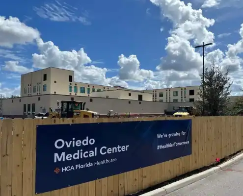 Modern healthcare facility under construction at Oviedo Medical Center, highlighting site development and medical infrastructure.