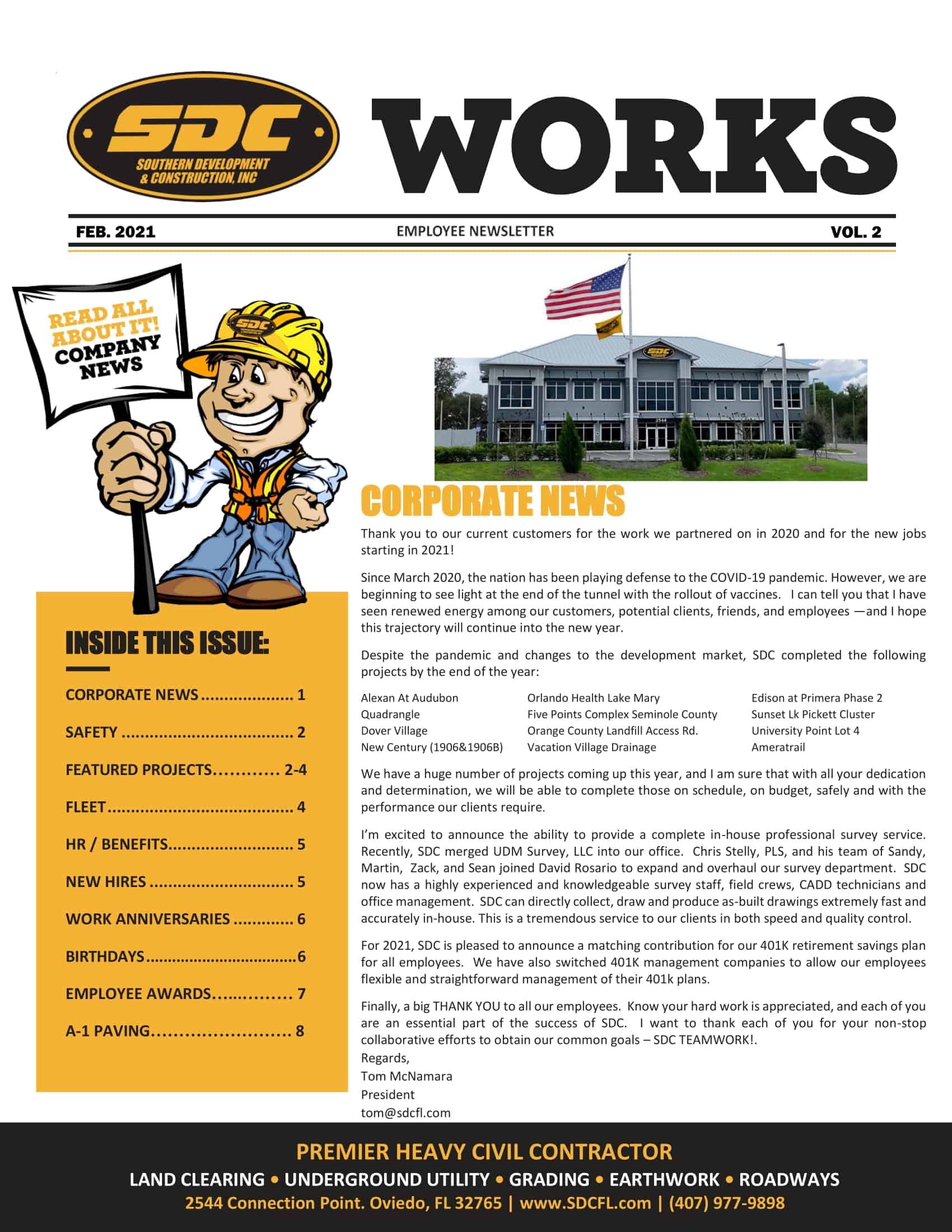 SDC Site Development and Construction Inc. company newsletter highlight, featuring project updates, safety tips, employee info, and recent civil construction projects in Florida.