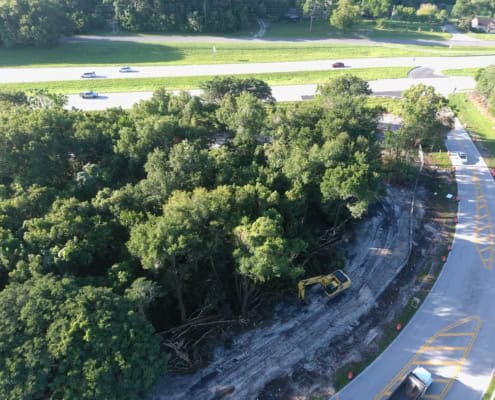 Dense wooded area being cleared for site development with heavy machinery on a construction site.