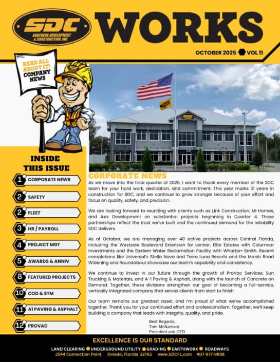 SDC Site Development and Construction company headquarters in Oviedo, Florida, showcasing new office building with American flags, focus on infrastructure, commercial construction, and project management.