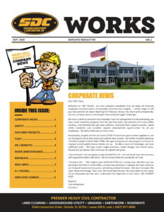 SDC Site Development company employee newsletter showcasing construction projects and corporate updates in Florida.