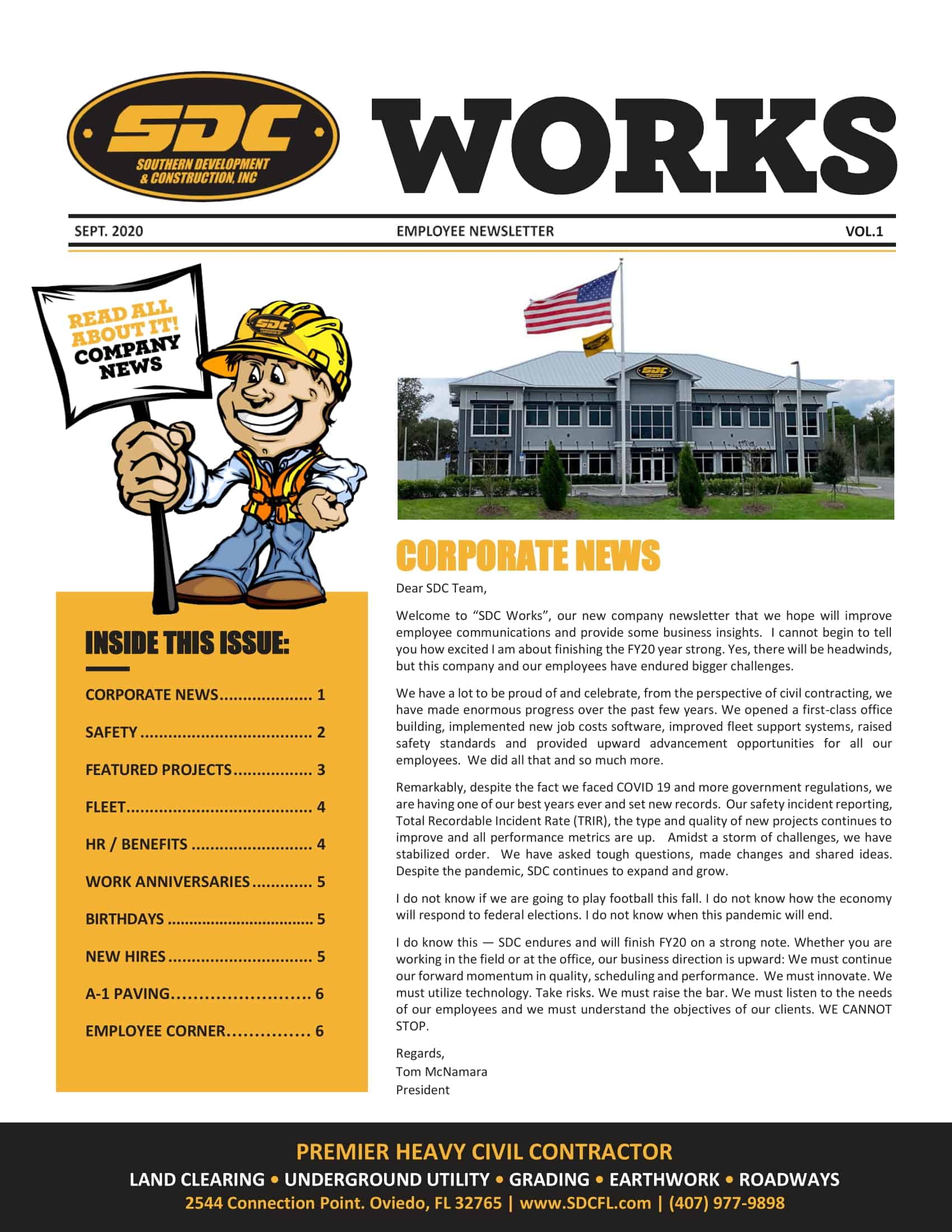 SDC Site Development company employee newsletter showcasing construction projects and corporate updates in Florida.